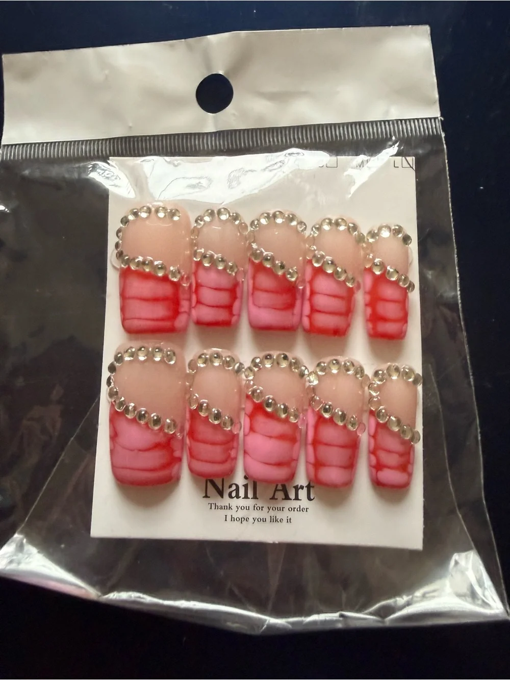 Handmade Acrylic Rhinestone Pink Ombre Press-On Nail Set -
